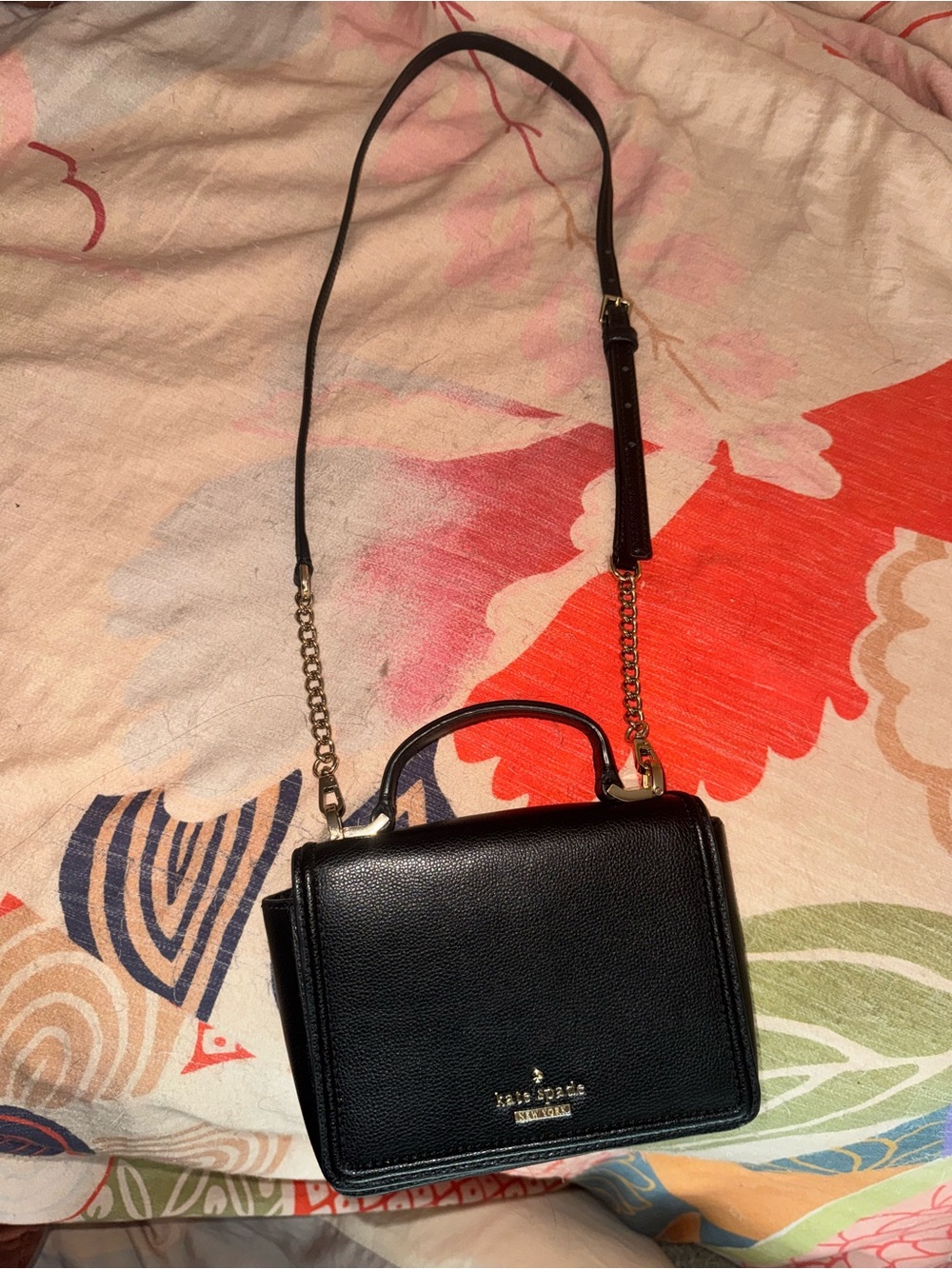 kate spade black leather crossbody satchel with gold chain strap